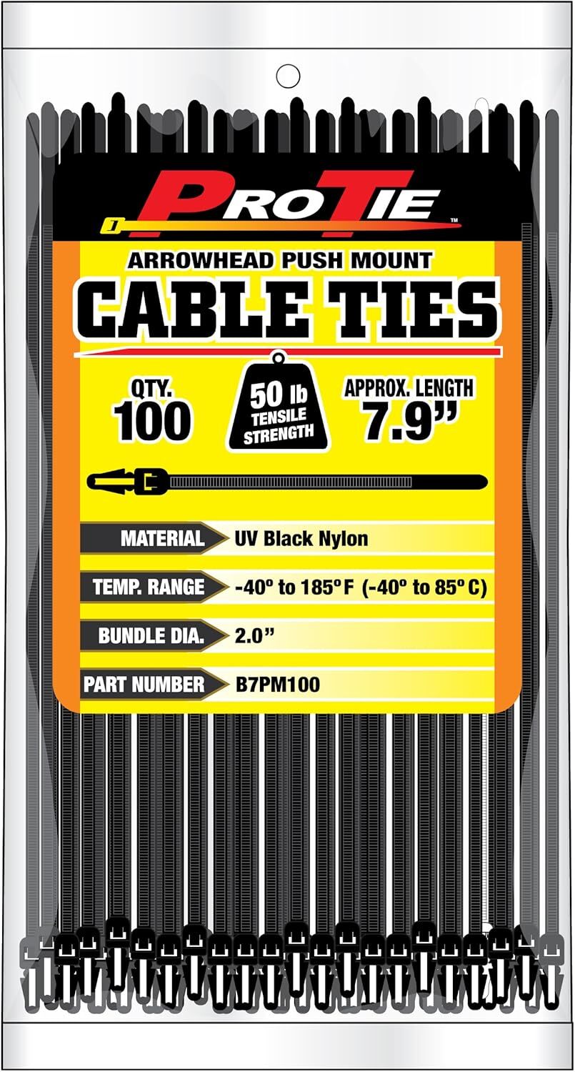Pro Tie Black Arrowhead Push Mount 50-Lb Tensile Strength 7.9-in Cable Ties, 100-Pk