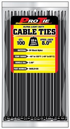 Pro Tie Ultra Black Light Duty 18-Lb Tensile Strength 7.9-In Cable Ties, 100-Pk