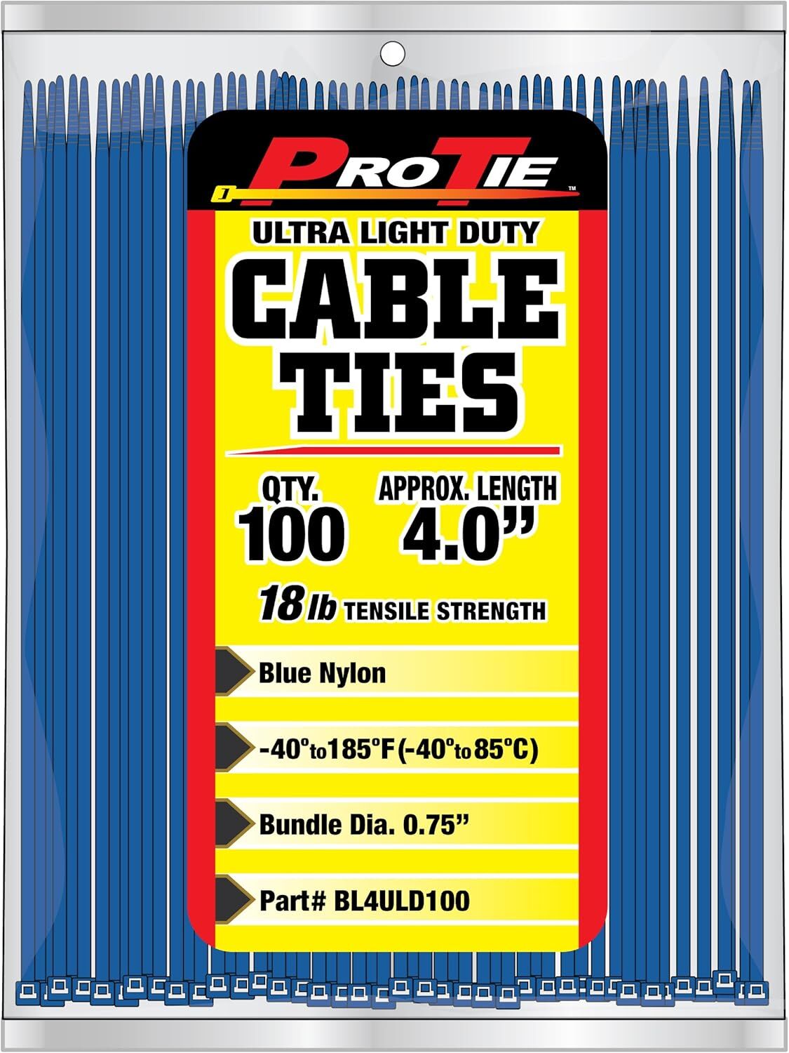 Pro Tie Ultra Light Duty Blue Cable Ties, 18-Lb, 4-In, 100-Pk