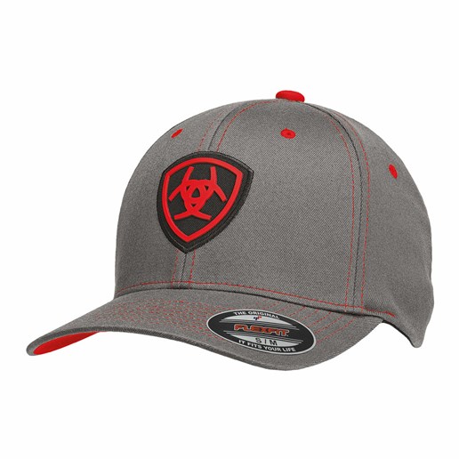 Ariat Grey w/ Red/Black Rubberised Ariat logo Flex Fit Cap