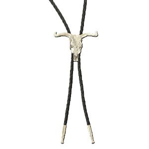 M & F Western Double S Bolo Tie Silver Longhorn Skull