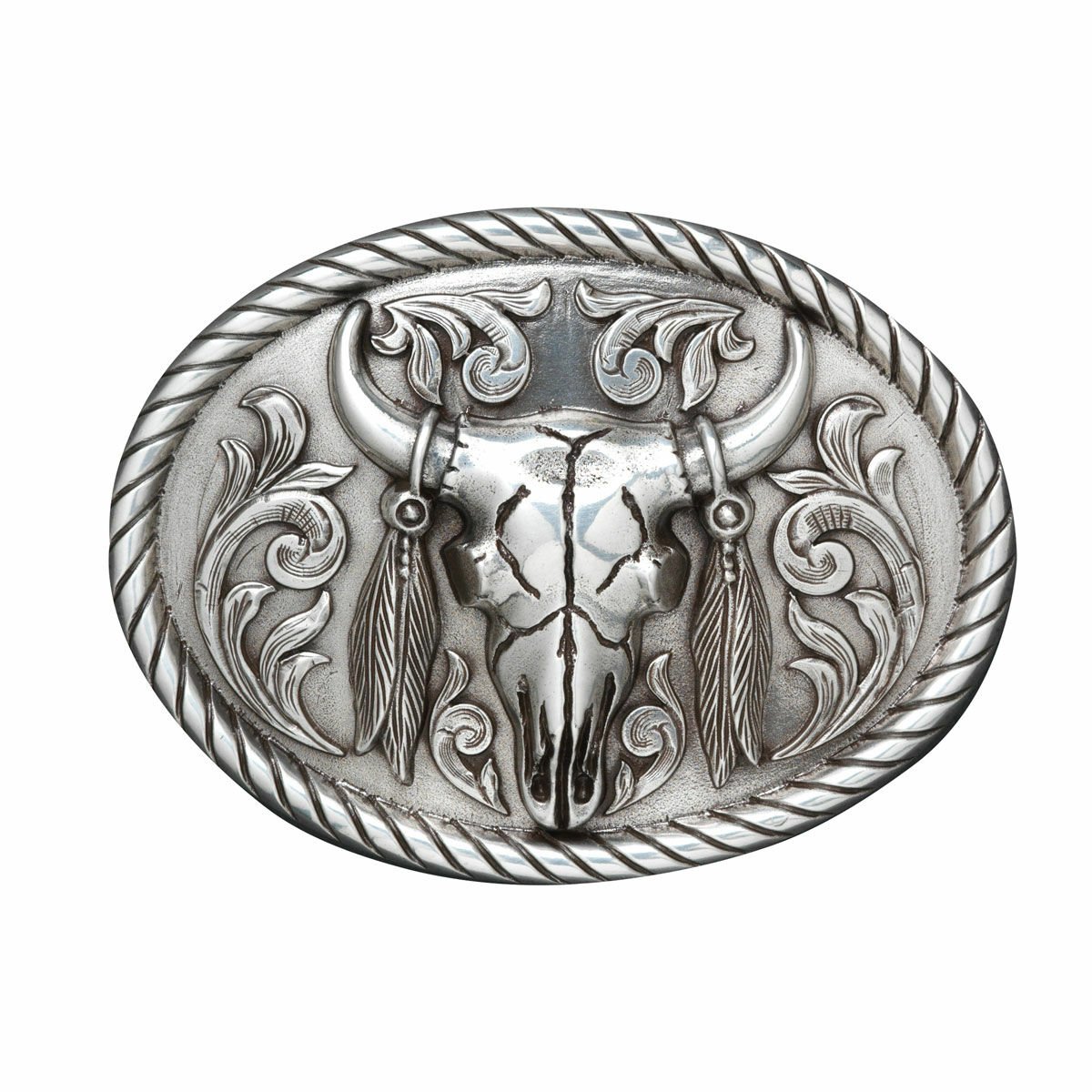 Oval Skull with Feathers Buckle
