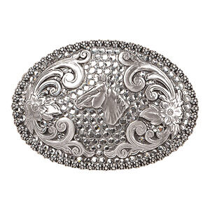 M & F Western Women's Horsehead Rhinestone Belt Buckle in Silver