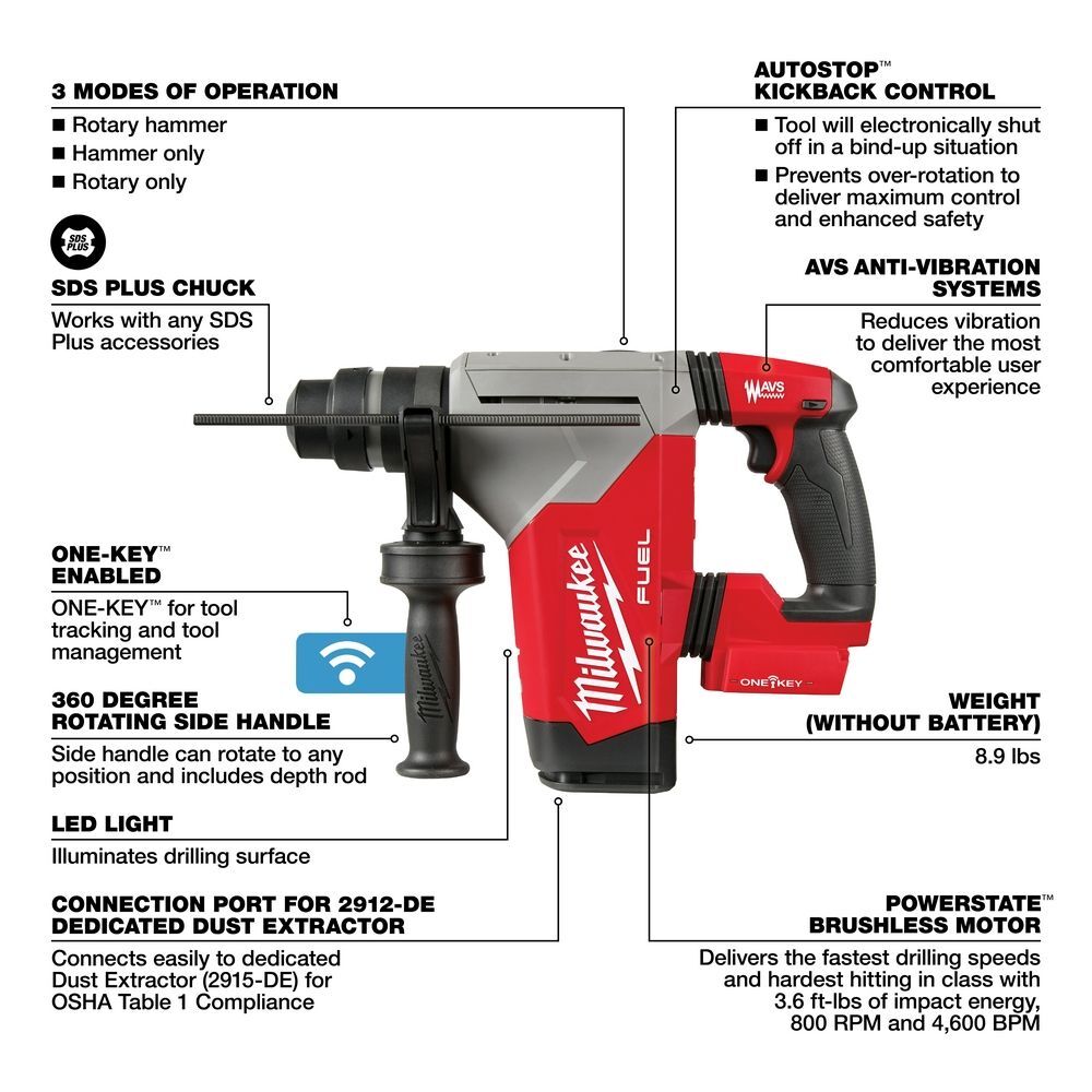 Milwaukee M18 FUEL 1-1/8-In SDS Plus Rotary Hammer with ONE-KEY