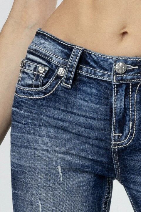 Miss Me Women's Pink And Blue Hues Bootcut Jeans in Dark Wash