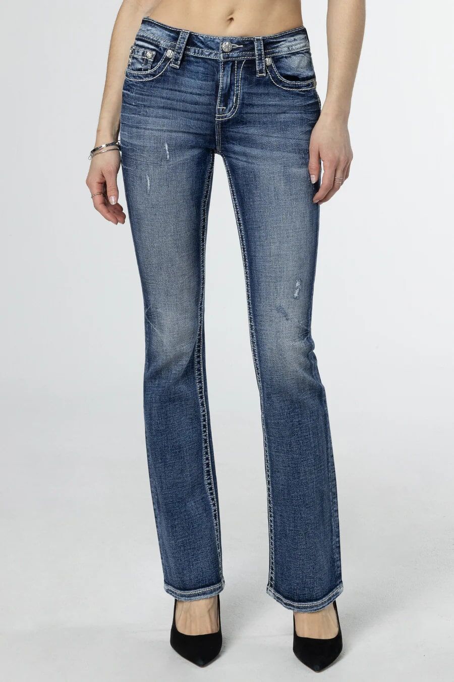 Miss Me Women's Pink And Blue Hues Bootcut Jeans in Dark Wash