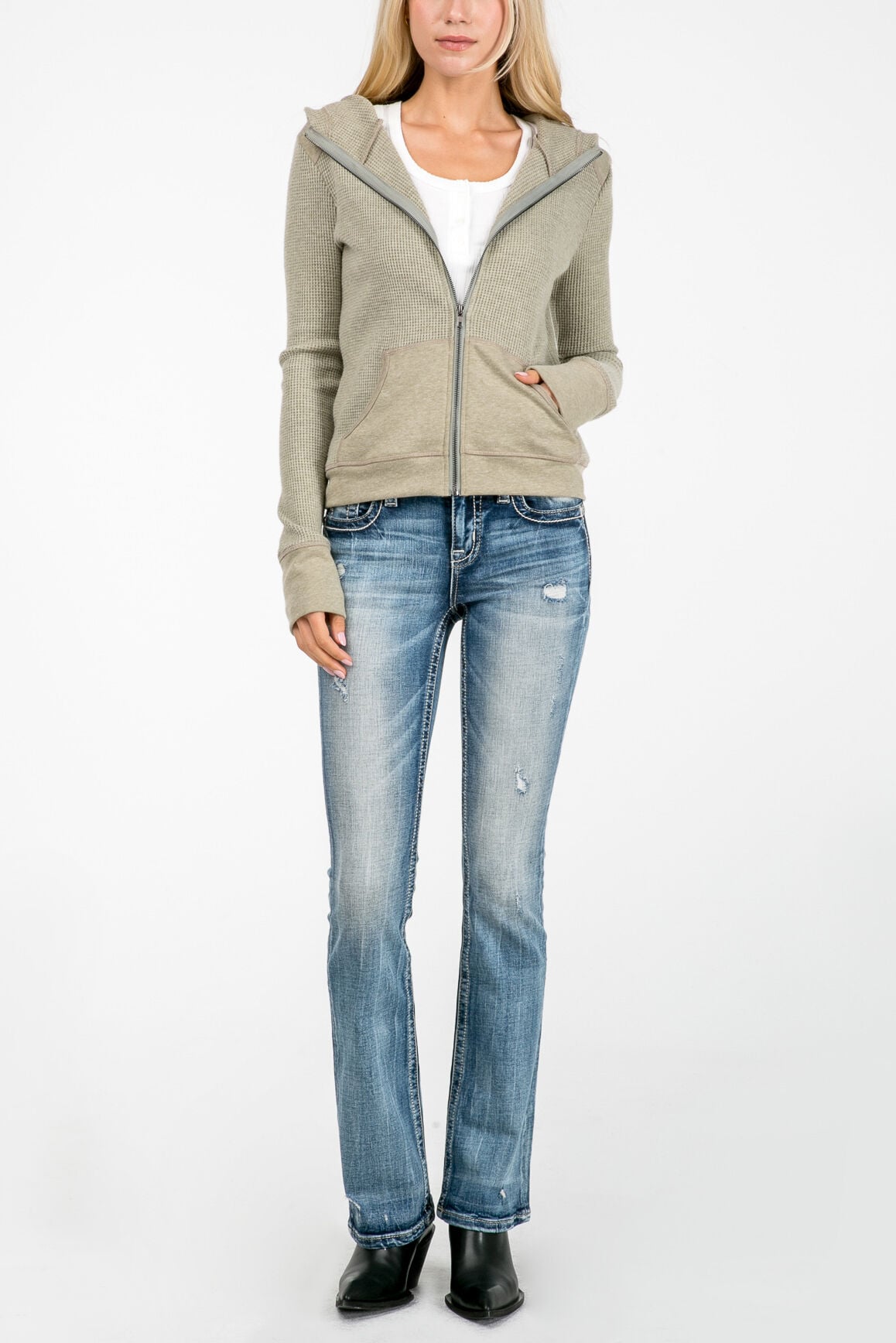 Miss Me Women's Zip-Up Waffle Knit Hoodie Jacket with Pockets