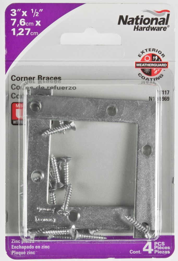 National Hardware Zinc Plated Corner Brace, 3-In x 1/2-In, 4-Pk