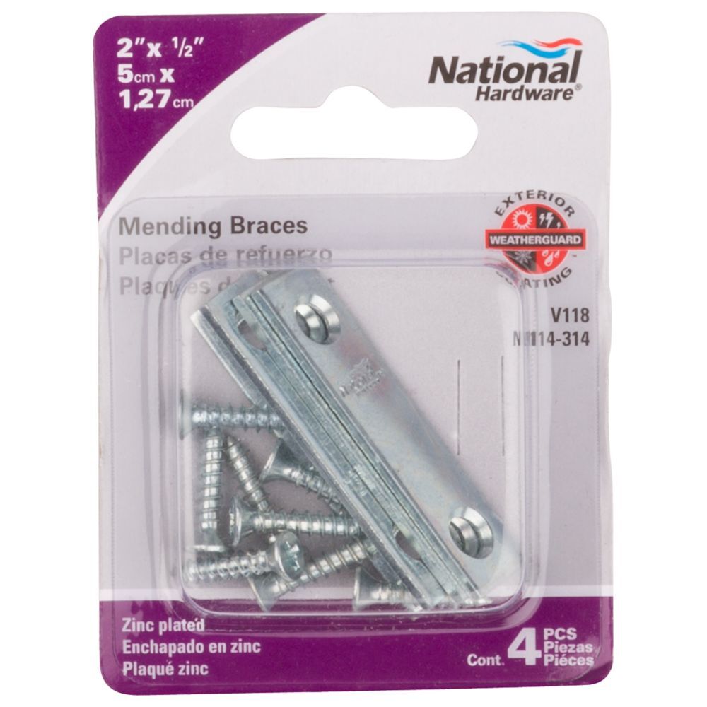 National Hardware Zinc Plated Mending Brace, 2-In x 1/2-In, 4-Pk