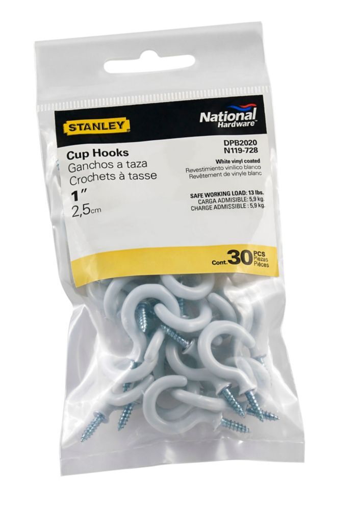National Hardware White Vinyl Cup Hooks, 1-In, 30-Pk