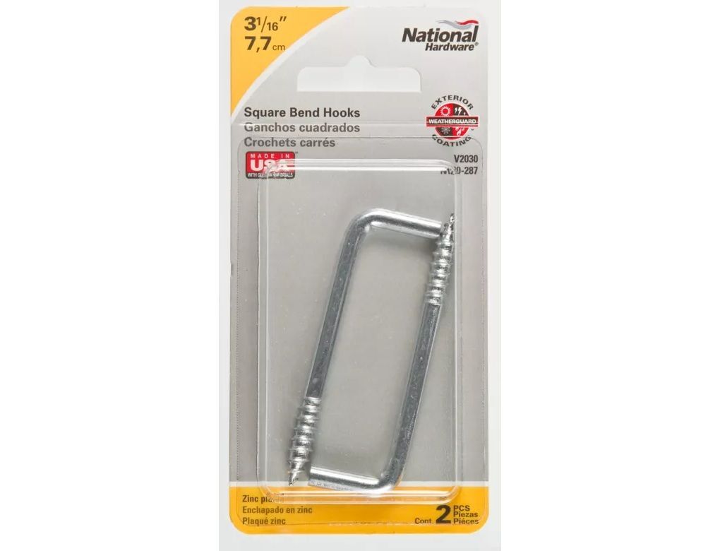 National Hardware Zinc Plated Square Bend Hooks, #104, 3-1/16-In, 2-Pk