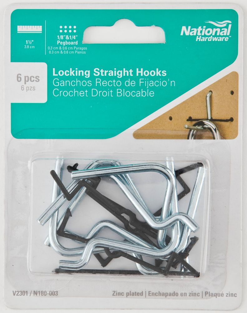 National Hardware Zinc Plated Locking Straight Hooks, 1 1/2-In, 6-Pk