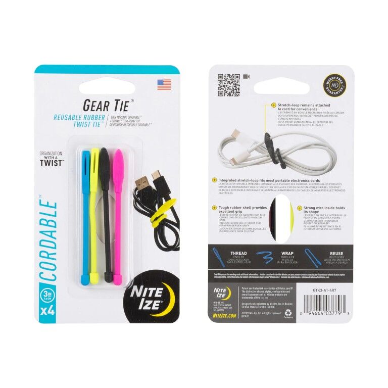 Nite Ize Gear Tie Cordable Twist Tie Assorted Colors, 3-In, 4-Pk