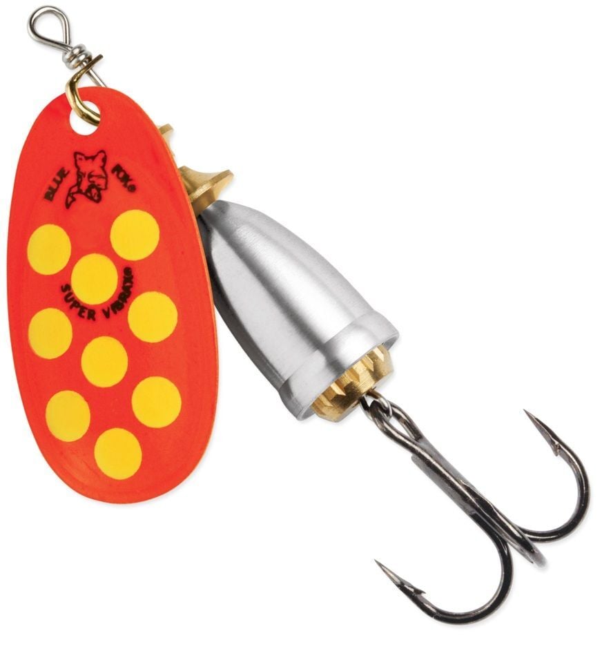 Blue Fox Classic Vibrax Fluorescent Red/Fluorescent Yellow/Silver UV Spinner, #5, 7/16-Oz