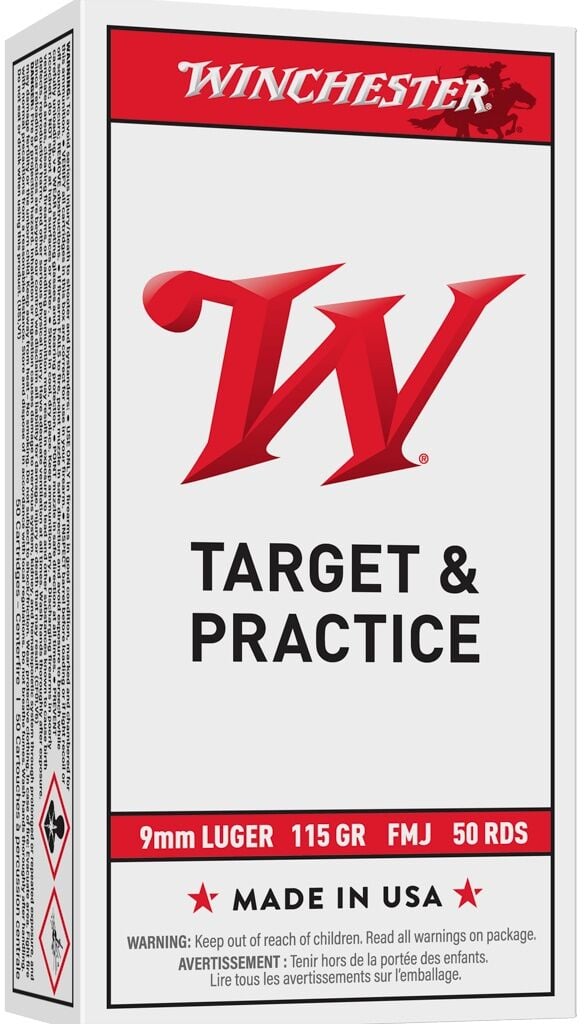 Winchester Target & Practice 9mm, 115 Grain Full Metal Jacket Pistol Ammo, 50-Rd