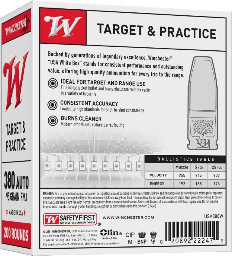 Winchester Target & Practice .380 Auto, 95 Grain Full Metal Jacket Pistol Ammo, 200-Rd