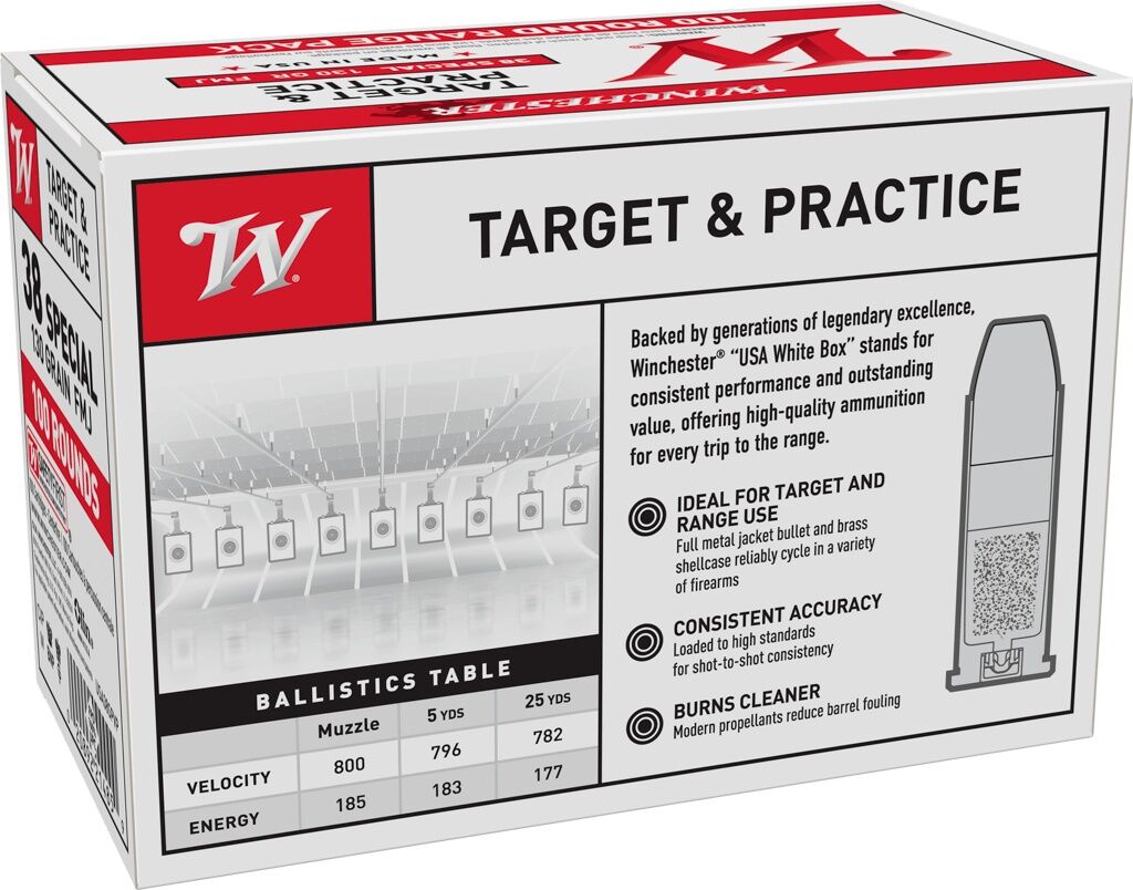 Winchester Target & Practice .38 Special, 130 Grain Full Metal Jacket Pistol Ammo, 100-Rd