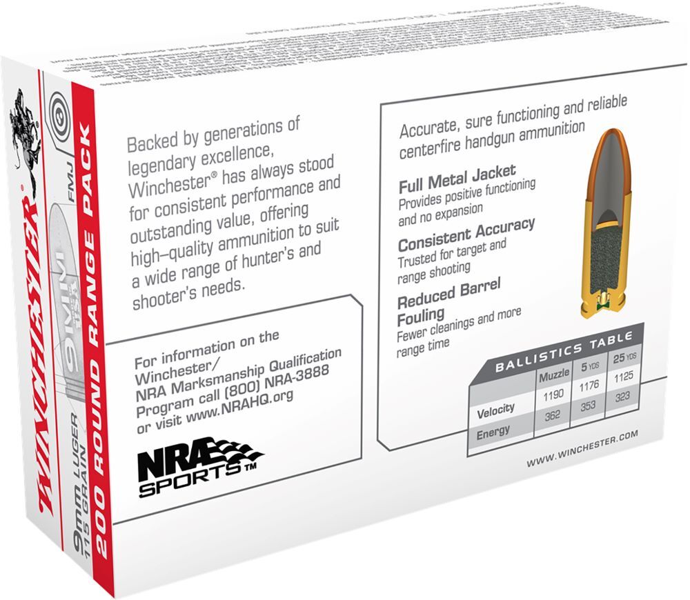 Winchester USA 9mm, 115 Grain FMJ, 200-Rd