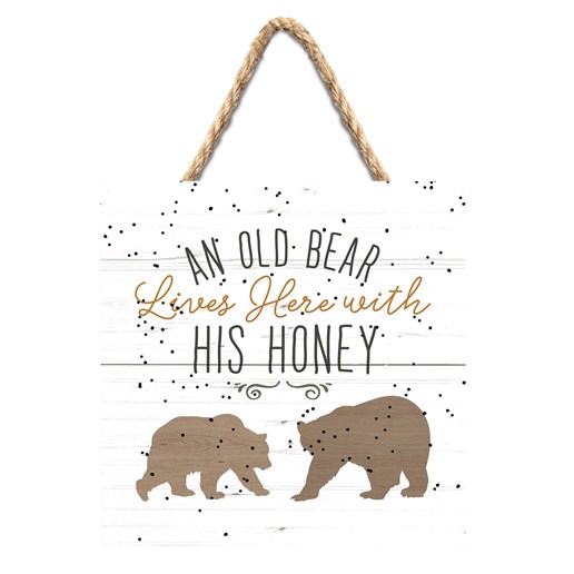 "An Old Bear Lives Here" Decorative Wooden Hanging Sign in White, 7-In x 7-In