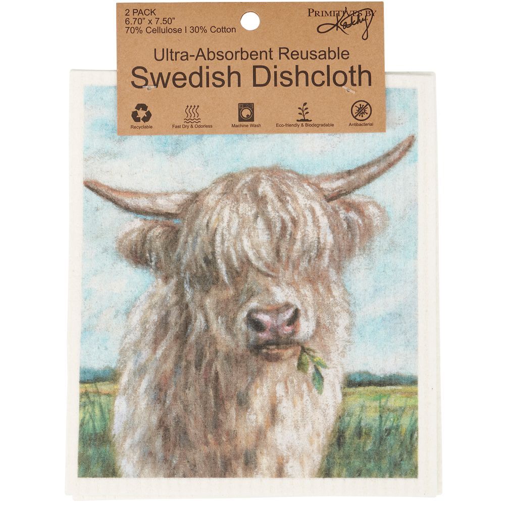 Primitives By Kathy Highland Cows Swedish Dishcloth Set