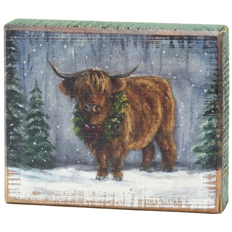 Primitives By Kathy Snowy Highland Block Sign, 6 1/2-In x 5 1/2-In x 1-In