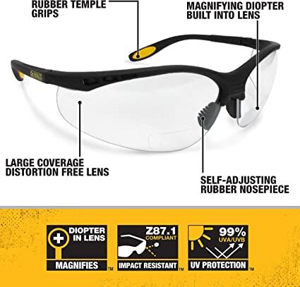 DeWALT Reinforcer Protective Safety Glasses, 2.0 Rx-Bifocal Lens, Clear  