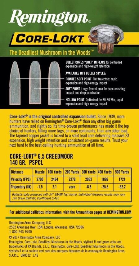 Remington Arms Core-Lokt 6.5 Creedmoor, 140 Grain Pointed Soft Point Core Lokt Rifle Ammo, 20-Rd