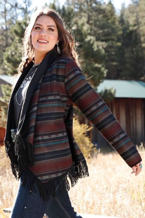 Cinch Women's Blanket Stripe Fringe Blazer