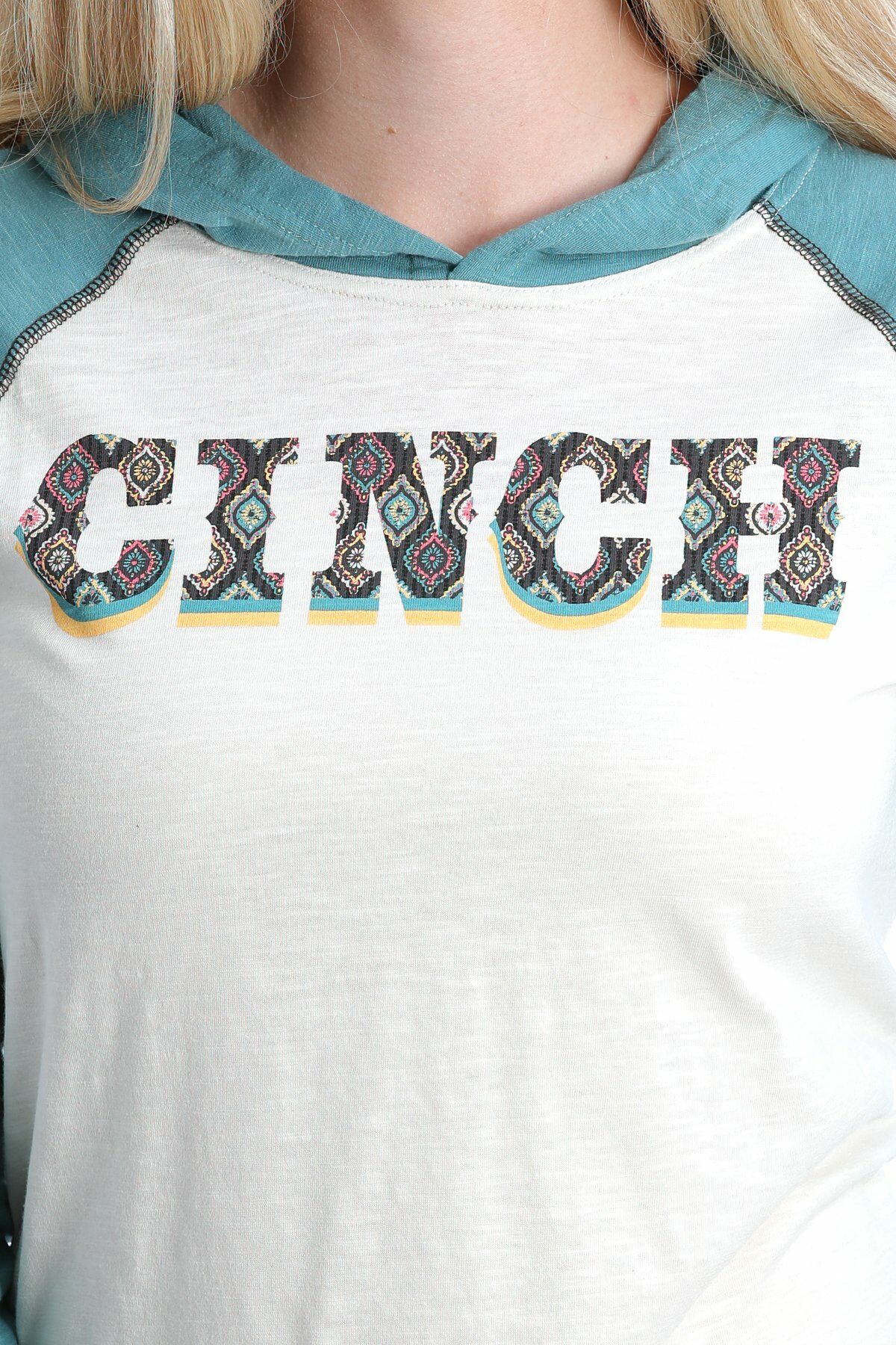 Cinch Women's Cream And Blue Hooded Raglan