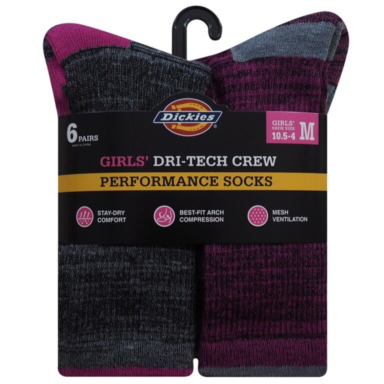 Dickies Girl's Moisture Control Free Run Crew Socks, 6-Pk