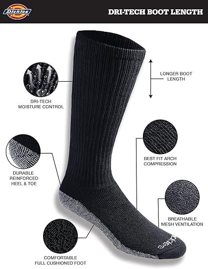 Dickies Men's Dri-Tech Moisture Control Boot Length Socks, 6-Pk