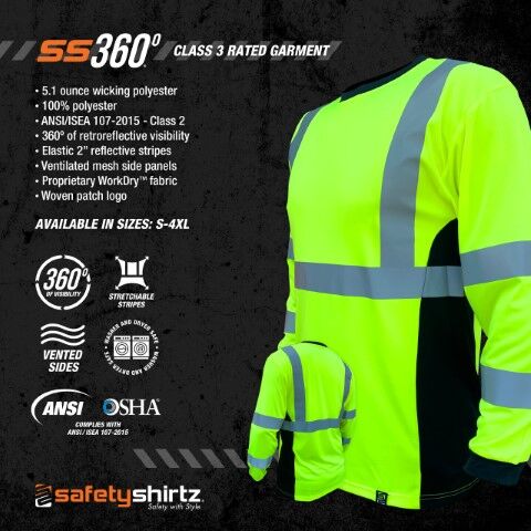 SafetyShirtz Men's SS360° Basic Long Sleeve Class 3 Type R Reflective Safety T-Shirt