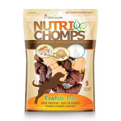NutriChomps Dog Chews, 4-In Knotted Bones, Chicken, Peanut Butter, and Milk, 9-Ct
