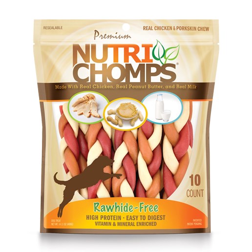 NutriChomps Dog Chews, 6-In Mixed Braids, Chicken, Peanut Butter, & Milk,  10-Ct