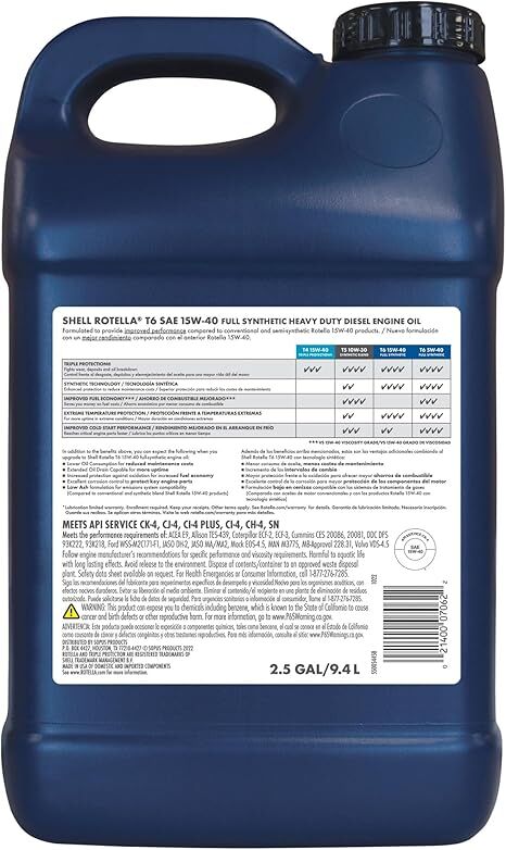 Shell Rotella T6 15W-40 Full Synthetic Diesel Oil, 2.5-Gal