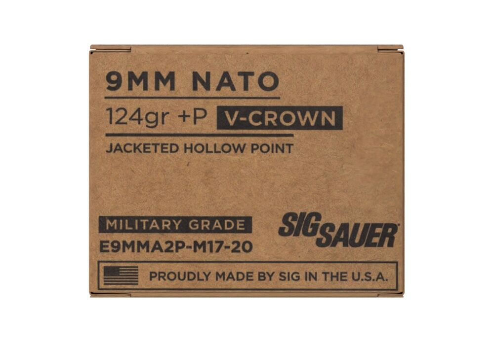 Sig Sauer Elite V-Crown M17 9mm +P, 124 Grain Jacketed Hollow Point Pistol Ammo, 20-Rd