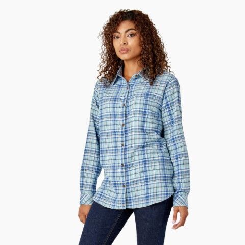 Dickies Women's Plaid Flannel Long Sleeve Shirt in Clear Blue