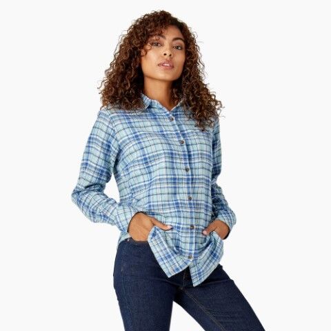 Dickies Women's Plaid Flannel Long Sleeve Shirt in Clear Blue