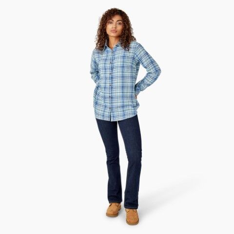 Dickies Women's Plaid Flannel Long Sleeve Shirt in Clear Blue