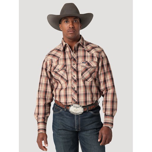 Wrangler® Men's Advanced Comfort Long Sleeve Plaid Snap Work Shirt in Brown/Black Aztec