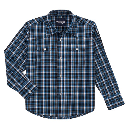 Wrangler® Western Boy's Wrinkle Resist Long Sleeve Shirt in Blue/Black -  Shirts | Wrangler | Coastal Country