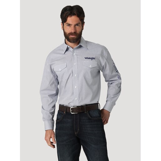 Wrangler® Men's Long Sleeve Logo Print Snap Shirt in Atlantic