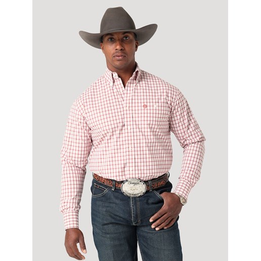 Wrangler® Men's George Strait Long Sleeve Plaid Button Shirt in Brick Red Checks
