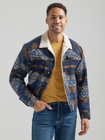 Wrangler® Men's Jacquard Sherpa Lined Jacket in Blue - Outerwear | Wrangler  | Coastal Country
