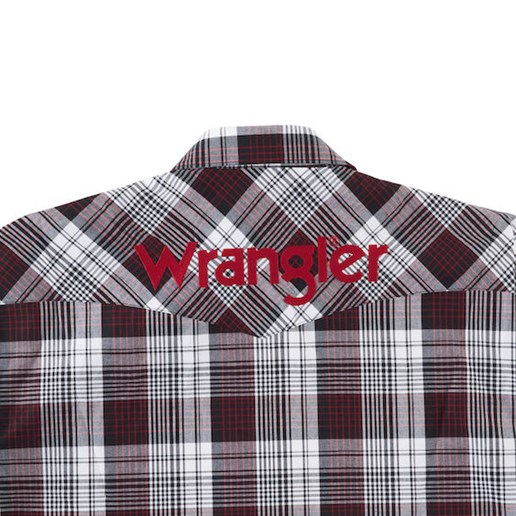 Wrangler® Men's Logo Long Sleeve Plaid Snap Shirt in Brown/White