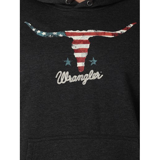 Wrangler® Men's Western Longhorn American Flag Pullover Hoodie in Charcoal Heather