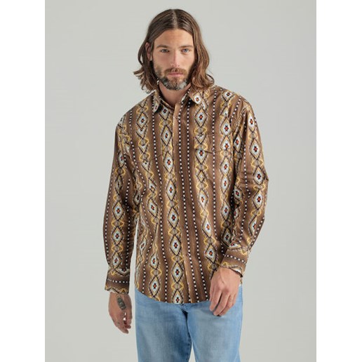 Wrangler® Men's Checotah® Western Long Sleeve Classic Fit Print Snap Shirt in Brown