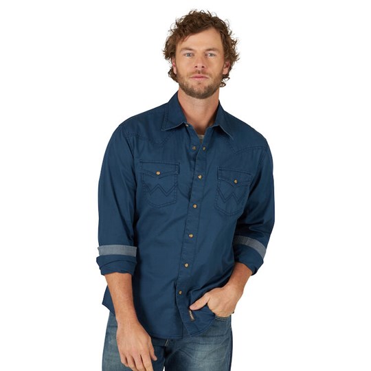 Wrangler® Men's Retro® Long Sleeve Solid Snap Shirt in Blue - Shirts |  Wrangler | Coastal Country