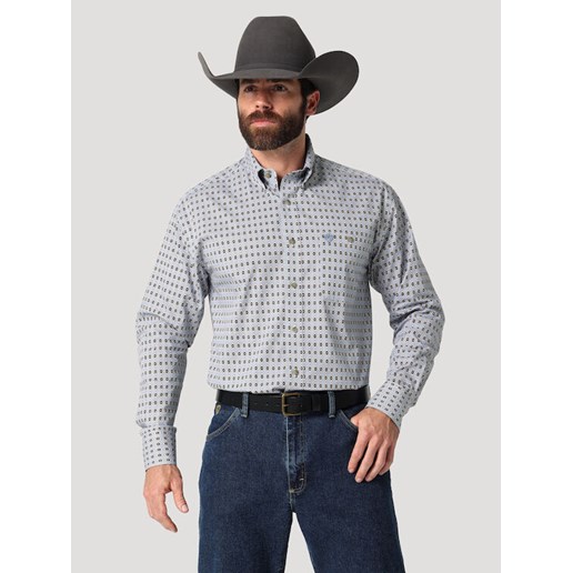 Wrangler® Men's George Strait Long Sleeve Print Button Shirt in Blue/Grey