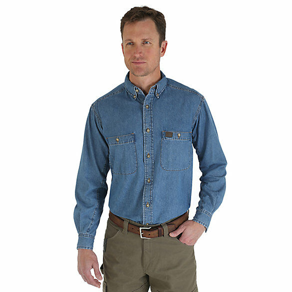 Wrangler RIGGS Workwear Long Sleeve Button Down Solid Denim Work Shirt